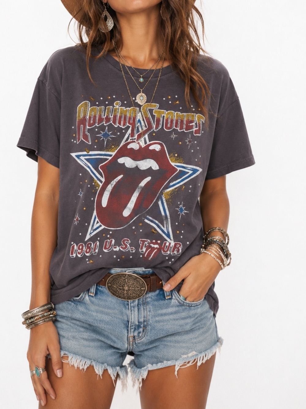 LUCKY BRAND Womenās Rolling Stones 1981 U.S. Tour Studded Graphic Tee Size Large